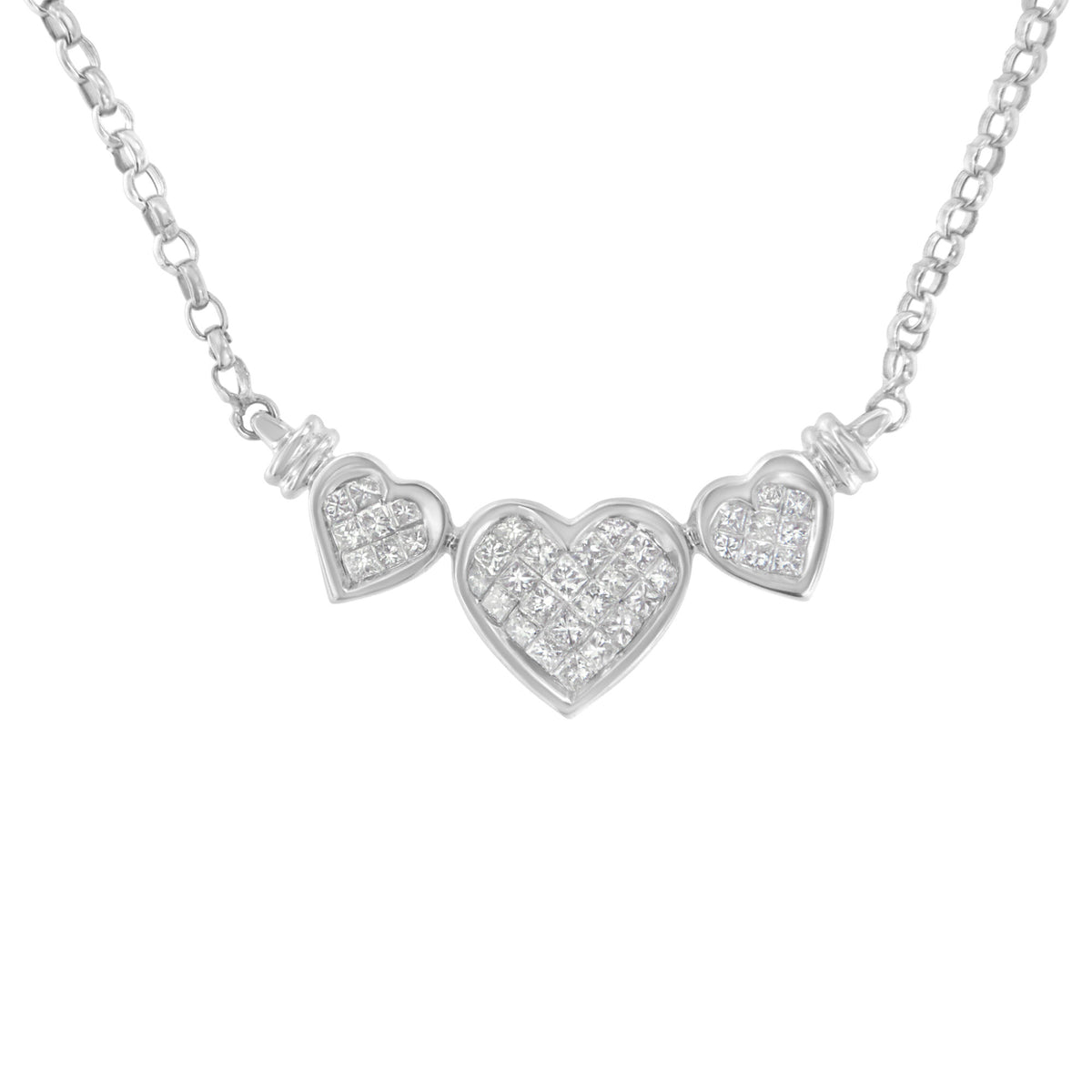 14K White Gold 1.0 Cttw Princess Cut Diamond Three Heart 18" Statement Pendant Necklace (H-I Color, SI2-I1 Clarity)