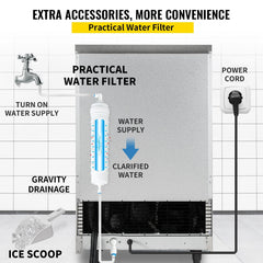 VEVOR 110V Commercial Ice Maker Machine 120-130LBS/24H with 33LBS Bin, Stainless Steel Automatic Operation Under Counter Ice Machine for Home Bar, Include Water Filter, Scoop, Connection Hose