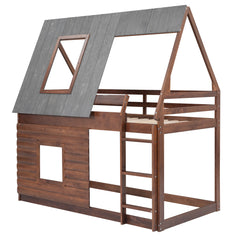 Wood Twin Size House Bunk Bed with Roof, Ladder and 2 Windows