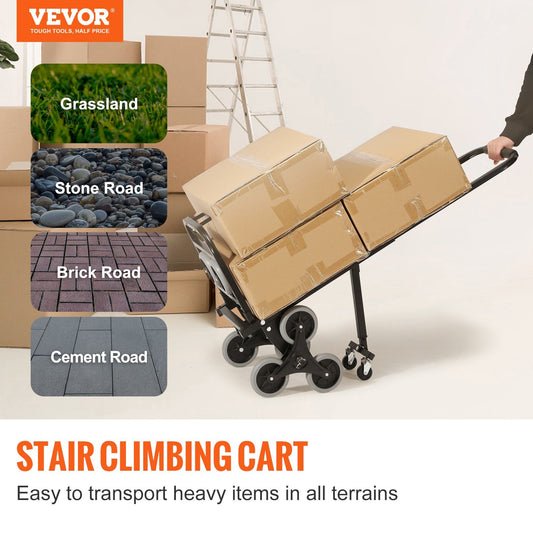 VEVOR Stair Climbing Hand Truck, Heavy-Duty Hand Cart Dolly 375 lbs Load Capacity, Foldable Stair Climber Hand Trucks with Adjustable Handle, All Terrain Cart for Stairs with 10 Wheels