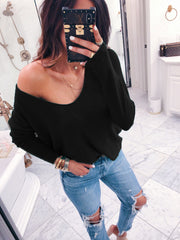 European and American sexy v-neck long-sleeved knitted wool solid color loose shirt women's clothing