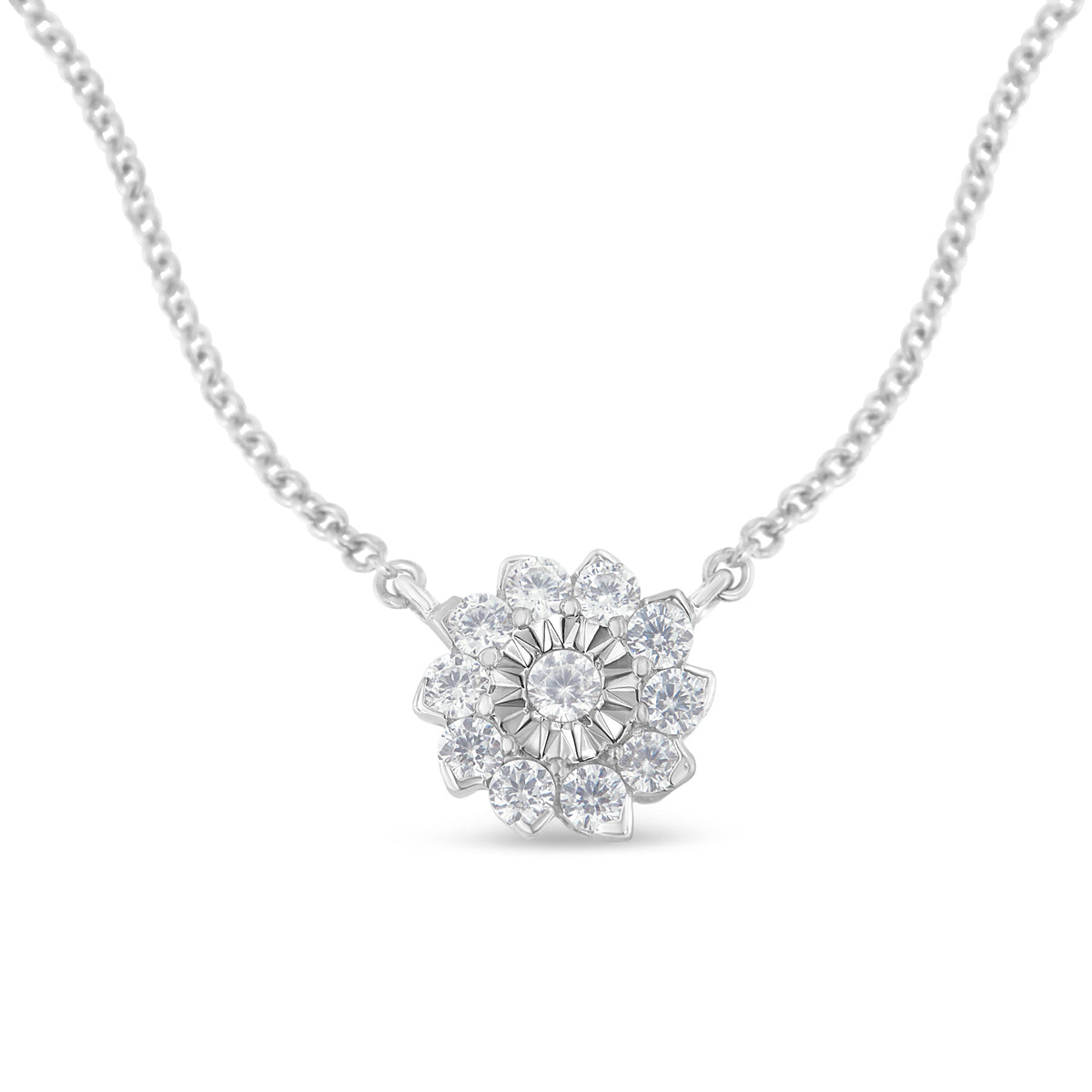 .925 Sterling Silver 1/2 Cttw Diamond Miracle Set Flower Cluster Pendant Necklace with Cable Chain (I-J Color, I1-I2 Clarity) - 18'