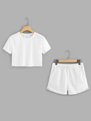 summer new women's two-piece set of navel fashion round neck short sleeve + shorts sports and leisure suit