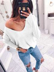 European and American sexy v-neck long-sleeved knitted wool solid color loose shirt women's clothing