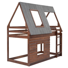 Wood Twin Size House Bunk Bed with Roof, Ladder and 2 Windows