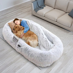 Human Size Dog Bed with Pillow Blanket 72.83x47.24x11.81in Bean Bag Bed Washable Removable Flurry Plush Cover Large Napping Human-Sized Bed For Adults Kids Pets