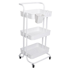 3 Tier Rolling Utility Cart Movable Storage Organizer with Mesh Baskets Lockable Wheels 360 Degree Rotatable Hanging Box Hooks Bedroom Bathroom Kitchen