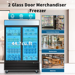 ORIKOOL Glass Door Merchandiser Freezer 44.7 Cu.ft Swing Door Commercial Reach-In Display Freezers with LED Top Panel Upright Freeze Storage