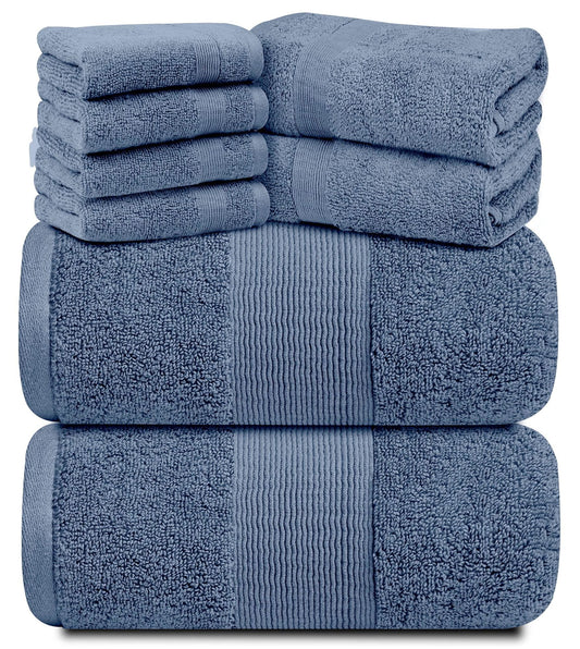 Resort Collection Soft Bath Towel 8-Piece Set Luxury Hotel Plush Absorbent Cotton 2 Bath Towels 2 Hand Towels and 4 Washcloths Blue