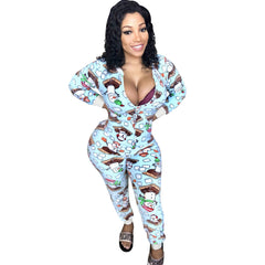 Autumn and Winter Women's Clothing Printed Christmas Long-sleeved Home Wear Jumpsuit