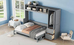 Full Size Murphy Bed Wall Bed with Closet and Drawers,Gray