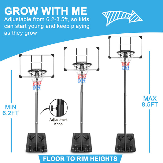 Portable Basketball Hoop & Goal Basketball Stand Height Adjustable 6.2-8.5ft with 35.4Inch Transparent Backboard & Wheels for Youth Teenagers Outdoor Indoor Basketball Goal Game Play