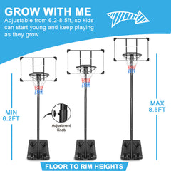 Portable Basketball Hoop & Goal Basketball Stand Height Adjustable 6.2-8.5ft with 35.4Inch Transparent Backboard & Wheels for Youth Teenagers Outdoor Indoor Basketball Goal Game Play