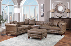 Dark Coffee Breathable Leatherette 4pc Sectional Set 3x Reversible Loveseat / Chaise and 1x Ottoman Tufted Couch Pillows