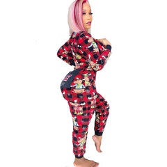 Autumn and Winter Women's Clothing Printed Christmas Long-sleeved Home Wear Jumpsuit