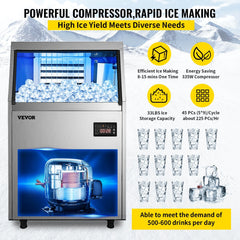 VEVOR 110V Commercial Ice Maker Machine 120-130LBS/24H with 33LBS Bin, Stainless Steel Automatic Operation Under Counter Ice Machine for Home Bar, Include Water Filter, Scoop, Connection Hose