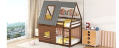 Wood Twin Size House Bunk Bed with Roof, Ladder and 2 Windows