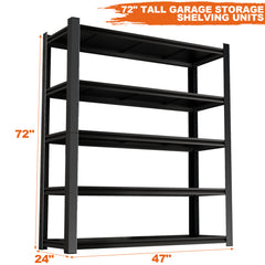 72.05 Inch Tall Black Metal Shelves with 5 Removable Dividers Are High Capacity and Load Bearing for Garages, Kitchens and Offices.