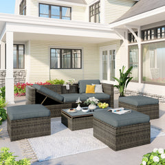 Patio Furniture Sets;  5-Piece Patio Wicker Sofa with Adustable Backrest;  Cushions;  Ottomans and Lift Top Coffee Table