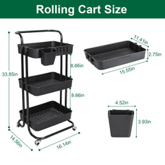 3 Tier Rolling Utility Cart Movable Storage Organizer with Mesh Baskets Lockable Wheels 360 Degree Rotatable Hanging Box Hooks Bedroom Bathroom Kitchen