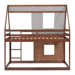 Wood Twin Size House Bunk Bed with Roof, Ladder and 2 Windows