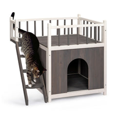 2-Story Wooden Feral Cat House Dog House for Outdoor and Indoor, Pet House with Stairs, Grey & White