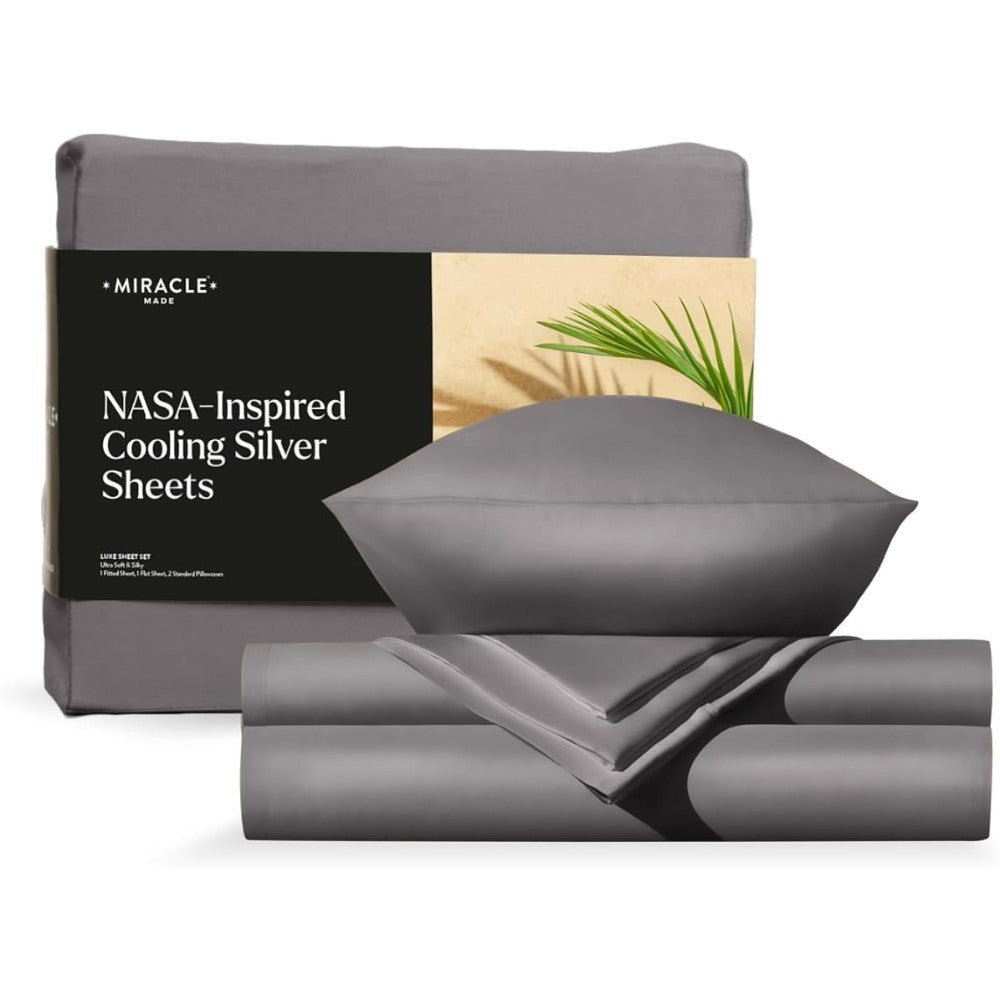 Luxe Cooling Bed Sheets –Stone Fitted Sheet Sets Queen– 4 Piece Linen Silver Infused Bedspreads for King Size Bed Cover Arranged