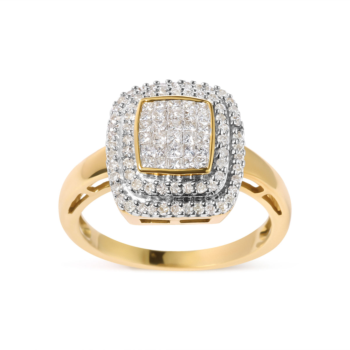 10K Yellow Gold 1/2 cttw Round and Princess Diamond Composite Head and Halo Ring (H-I Color, SI1-SI2 Clarity) - Ring Size 7