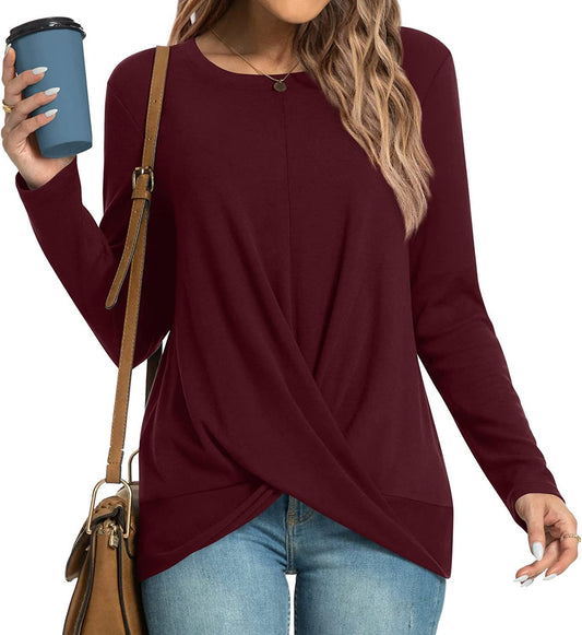 Women's Winter Fall Tunic Tops Long Sleeve Casual T-Shirts Front Twist Crewneck Blouse For Leggings