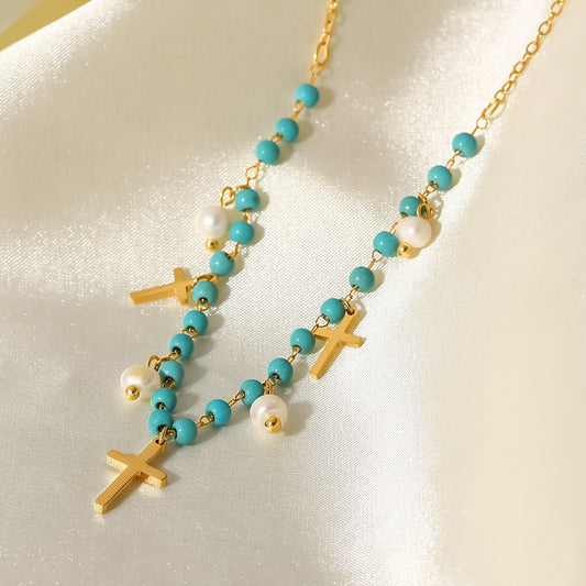 French Women's Necklace Blue Stone Rice Bead Necklace Cross Freshwater Pearl Tassel Pendant Necklace