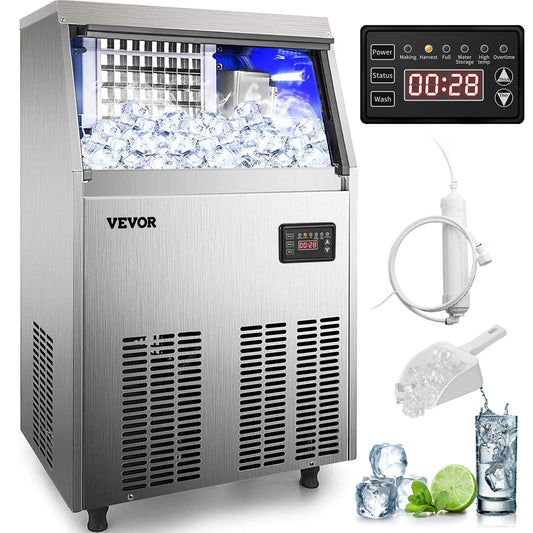 VEVOR 110V Commercial Ice Maker Machine 120-130LBS/24H with 33LBS Bin, Stainless Steel Automatic Operation Under Counter Ice Machine for Home Bar, Include Water Filter, Scoop, Connection Hose