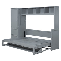 Full Size Murphy Bed Wall Bed with Closet and Drawers,Gray